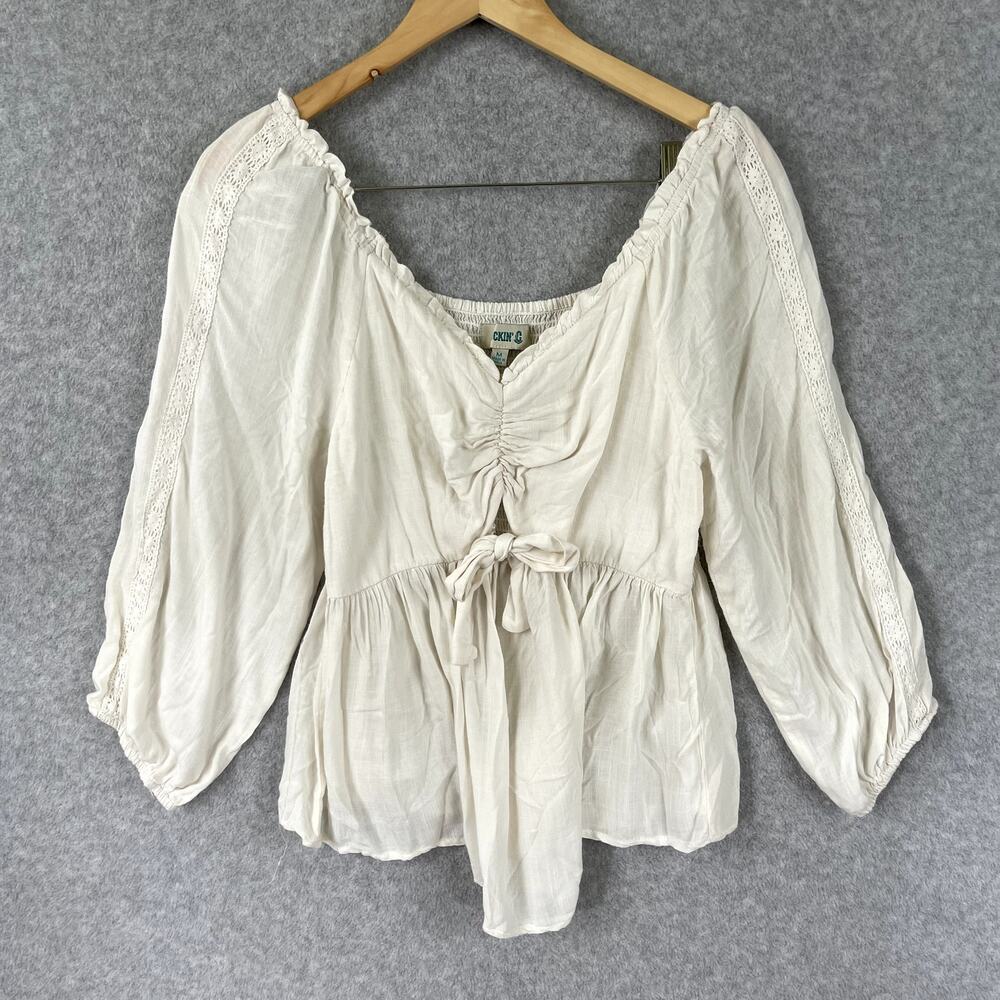 Rockin C Blouse Size M Cream Boho Western Crochet Ruffle Detail Rodeo Top